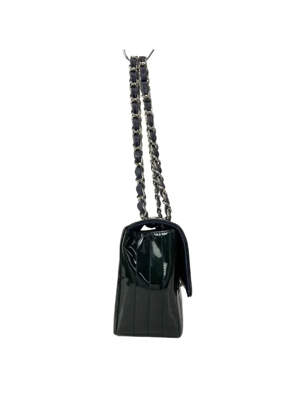 Chanel Shoulder Bag Dark Green Chain Silver Leather